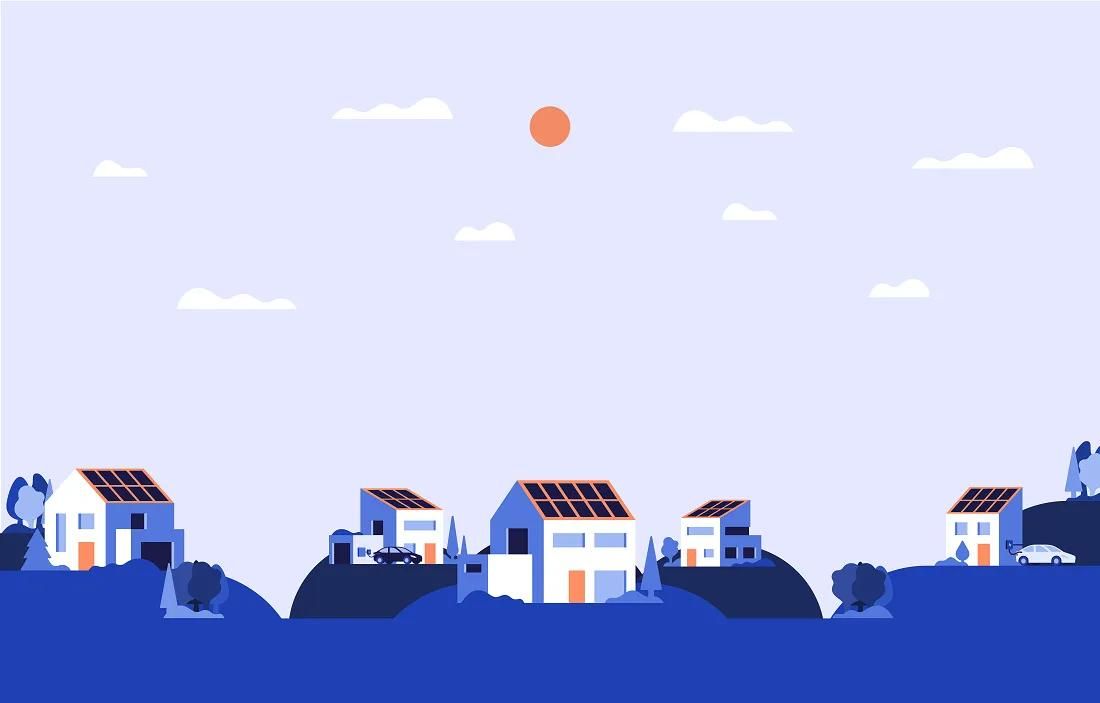 illustration över hus som producerar egen el med hjälp av solceller på taket