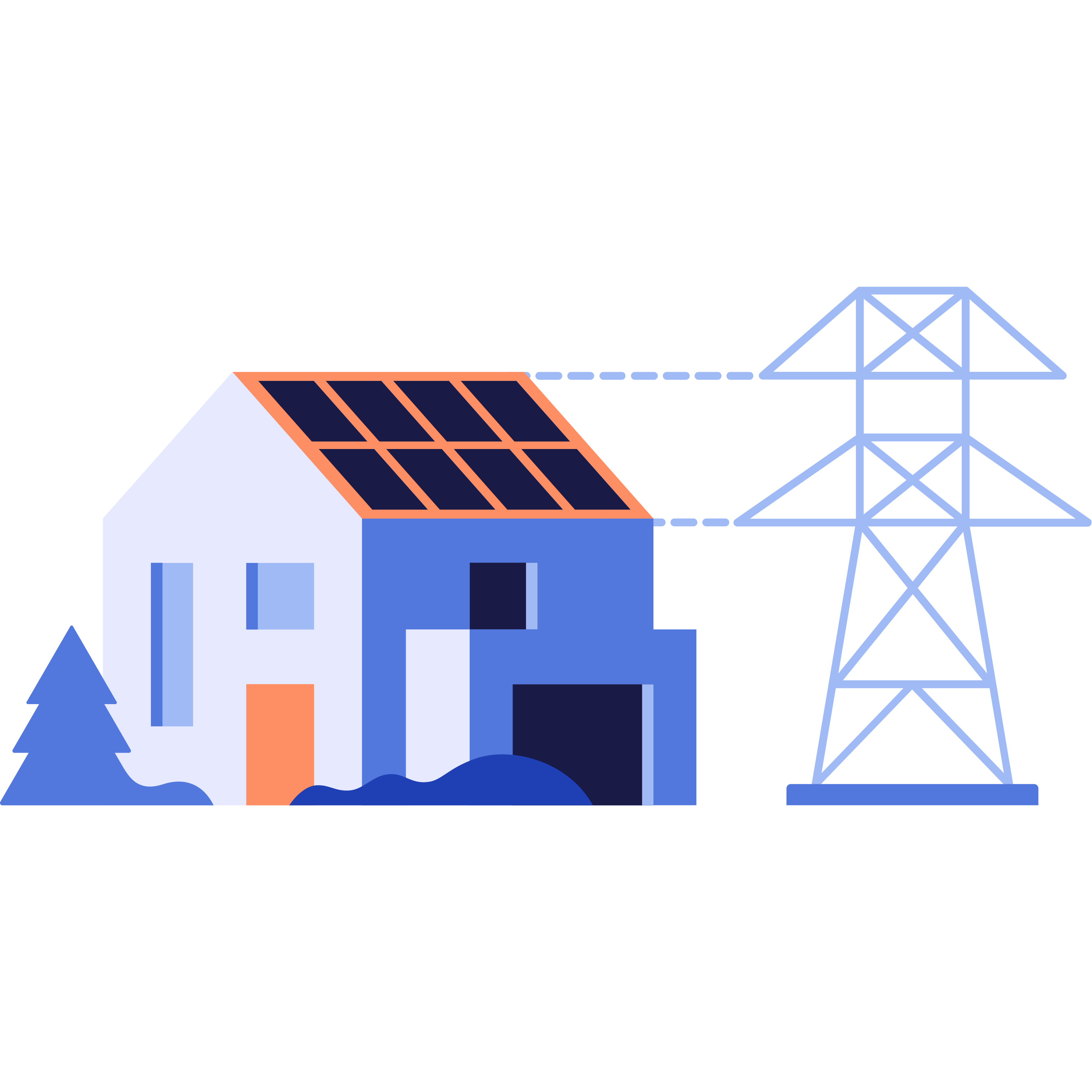 illustration över hus med solceller och kraftledning